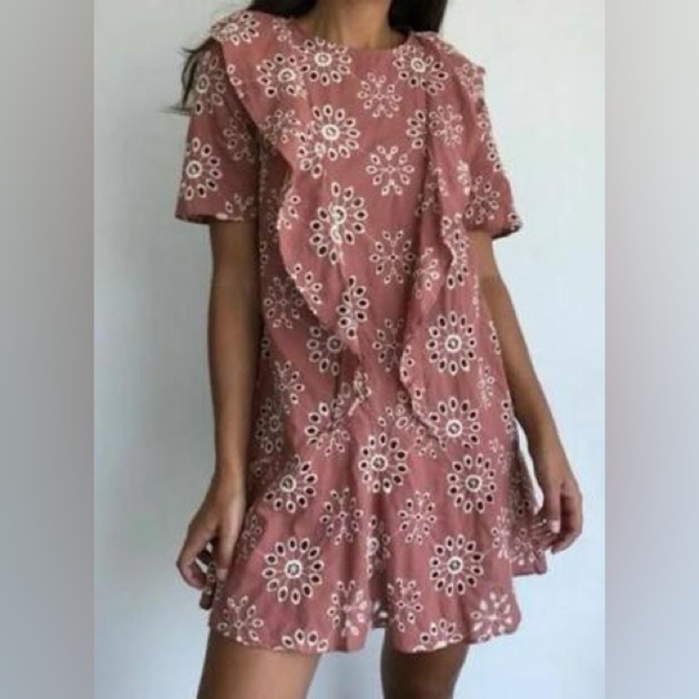 Zara Woman Perforated Dress With Embroidery - Size XS